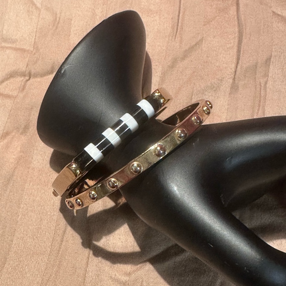 Kate Spade Gold Studded Bangle Bracelet Set with Black & White hinged bangle
